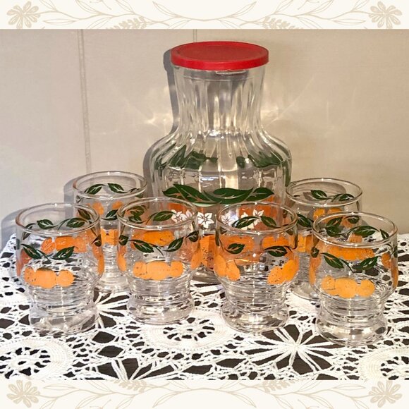 Vintage Citrus Glass Pitcher & Juice Glass 7-Piece Set - 1970s Brunch Vibes - Picture 1 of 3